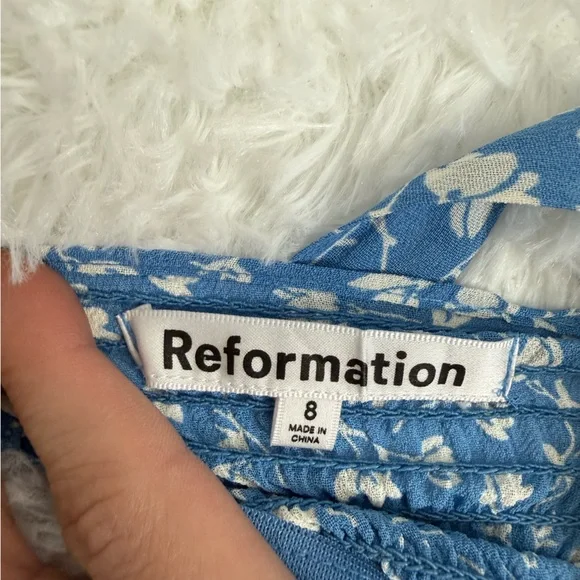 Reformation Blue Floral Tie Strap Midi Dress Size 8 Smocked Back Viscose - Picture 7 of 14